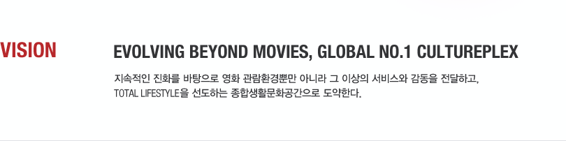 VISION - Evolving beyond movies, Global No.1 Cultureplex 지속적인 진화를 바탕으로 영화 관람환경뿐만 아니라 그 이상의 서비스와 감동을 전달하고,Total lifestyle을 선도하는 종합생활문화공간으로 도약한다.